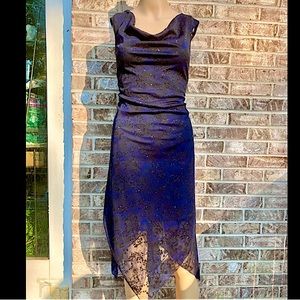 Vintage 90s Goth Jodi Kristopher Navy & Black Mesh Overlay Floral Sparkle Dress